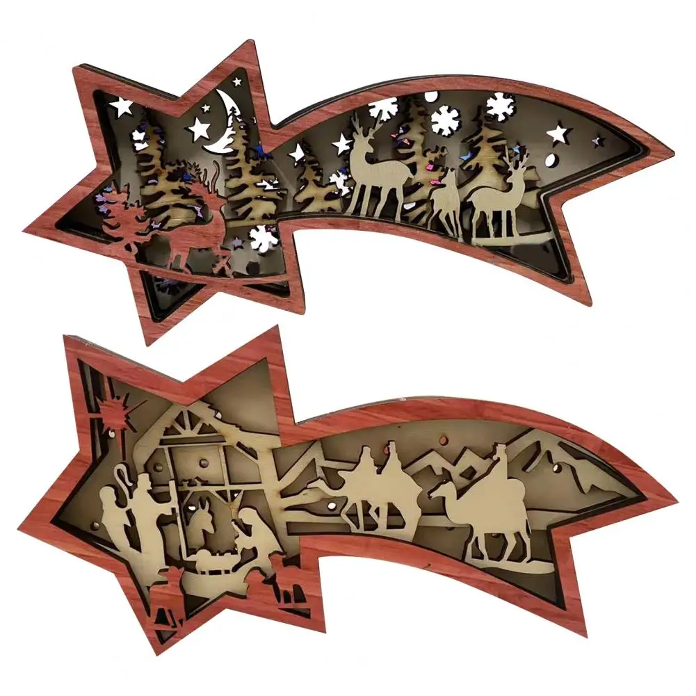 3D Wooden Carving LED Night Light Carved Reindeer Xmas Tree Snowflake Lamp Christmas Desktop Statue for Home Office Shelf Decor