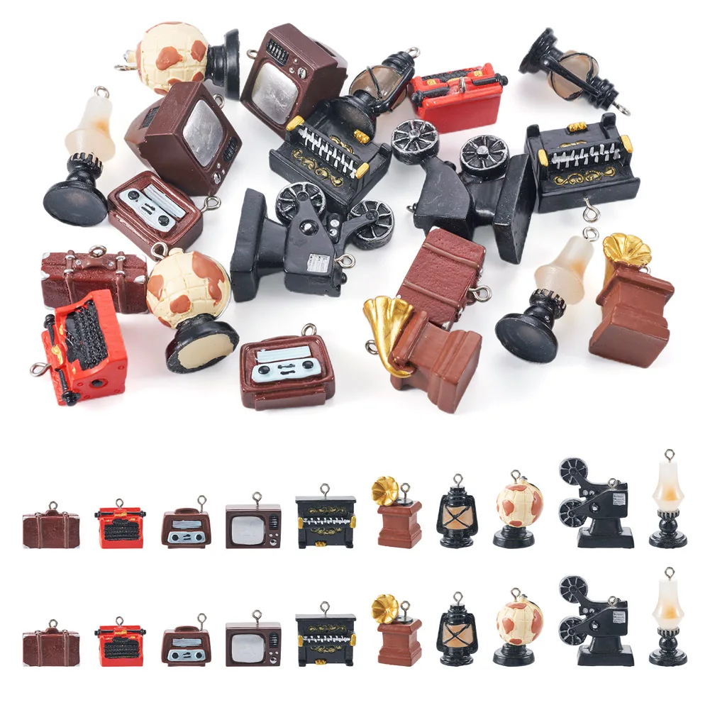 

20Pcs Retro Resin Pendants Lantern & Gramophone & Piano, Mixed Shapes Charms For Necklace Keychian DIY Jewelry Making Supplies