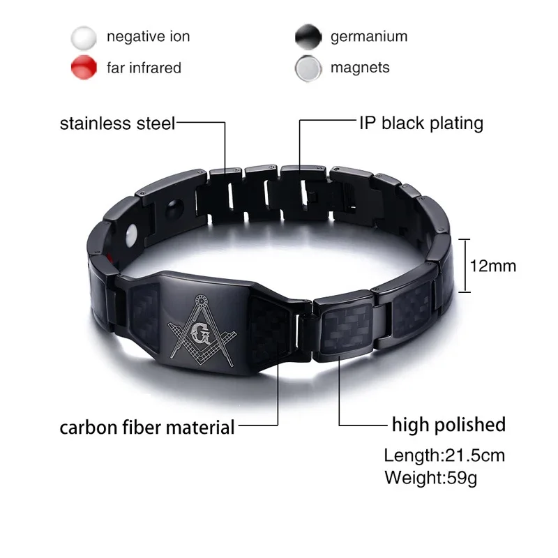 Black Magnetic Bracelet Men 316L Stainless Steel Hand Chain Masonic Health Punk ID Bracelets Carbon Fiber Dropshipping