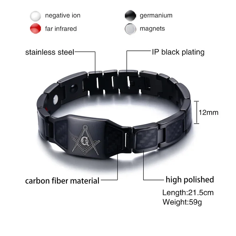 Magnetic Bracelet Men 316L Stainless Steel Hand Chain Masonic Health Punk ID Carbon Fiber
