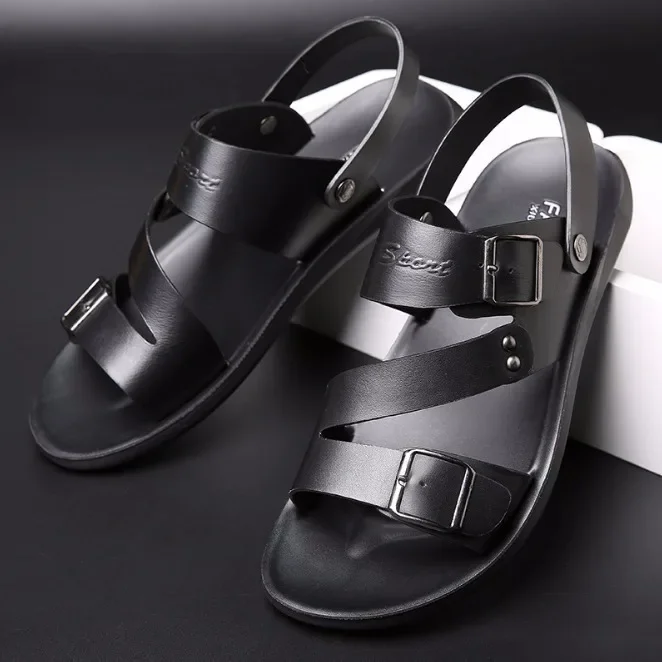 Men's Sandals Solid Color PU Leather Men's Summer Shoes Casual Comfortable Open Toe Sandals Soft Beach Shoes leather sandals,summer sandals
