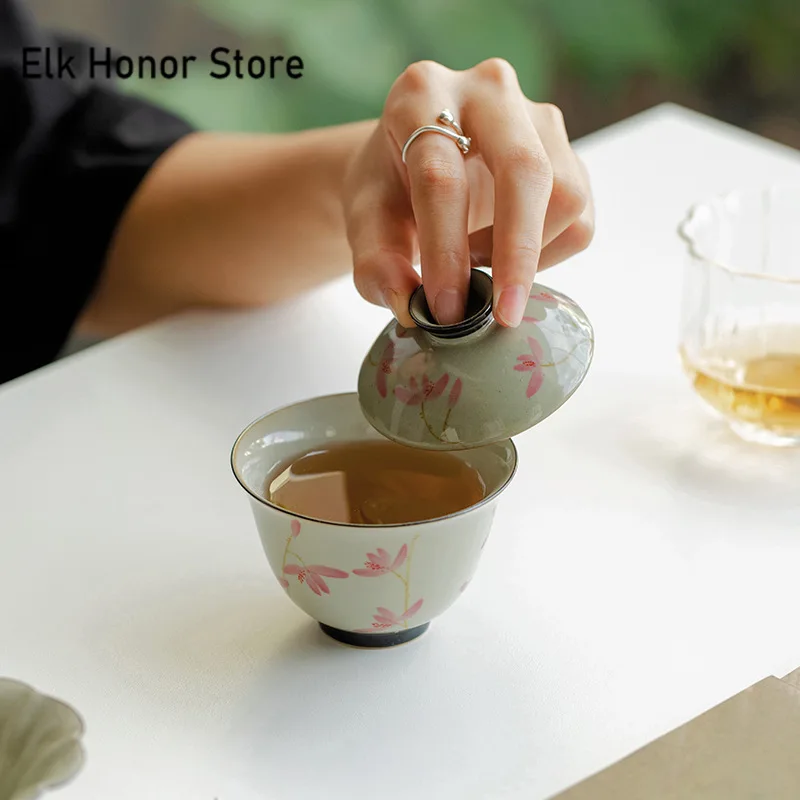 108ml Pure Hand-painted Peach Blossom Gaiwan Luxury Tea Brewing Cup Hand Grasping Bowl Tea Tureen Maker Cover Bowl Teaware