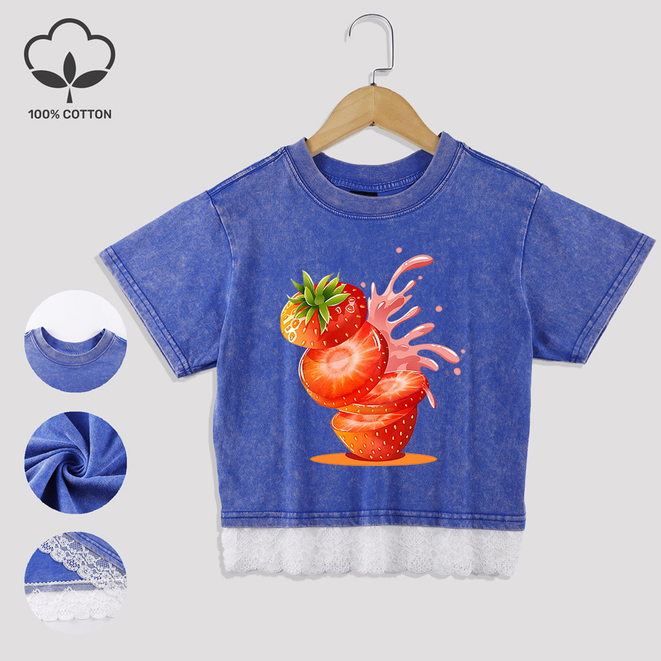 Creative Strawberry Juice Printed Cotton Crop Tops Summer Lace Hem Washed T-Shirts Distressed O-Neck Short Sleeve Casual Clothes