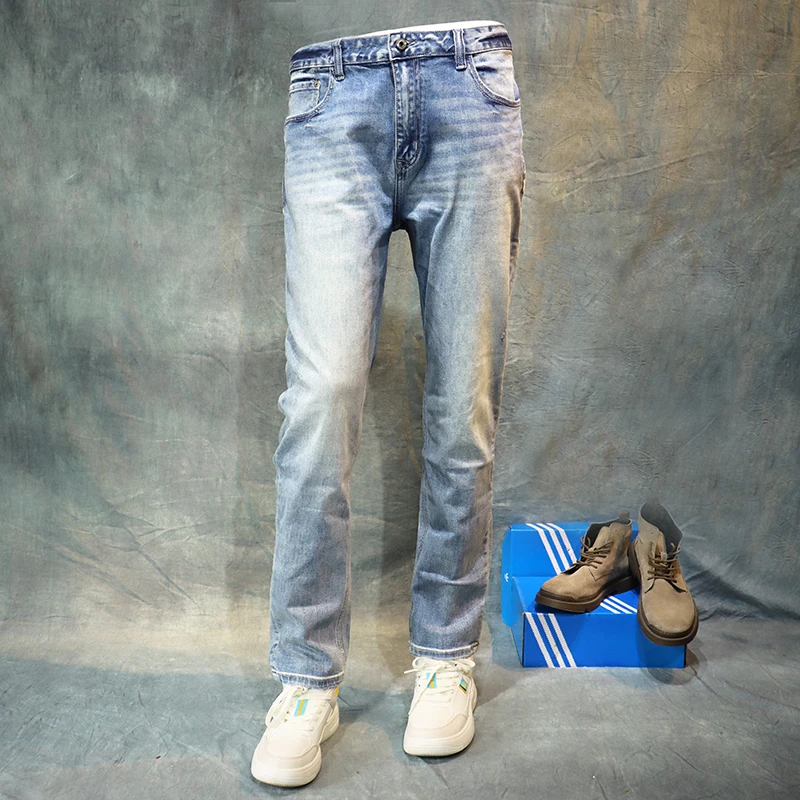 Fashionable men's jeans retro light blue elastic slim fit slit jeans men's high-quality retro designer casual classical denim pa