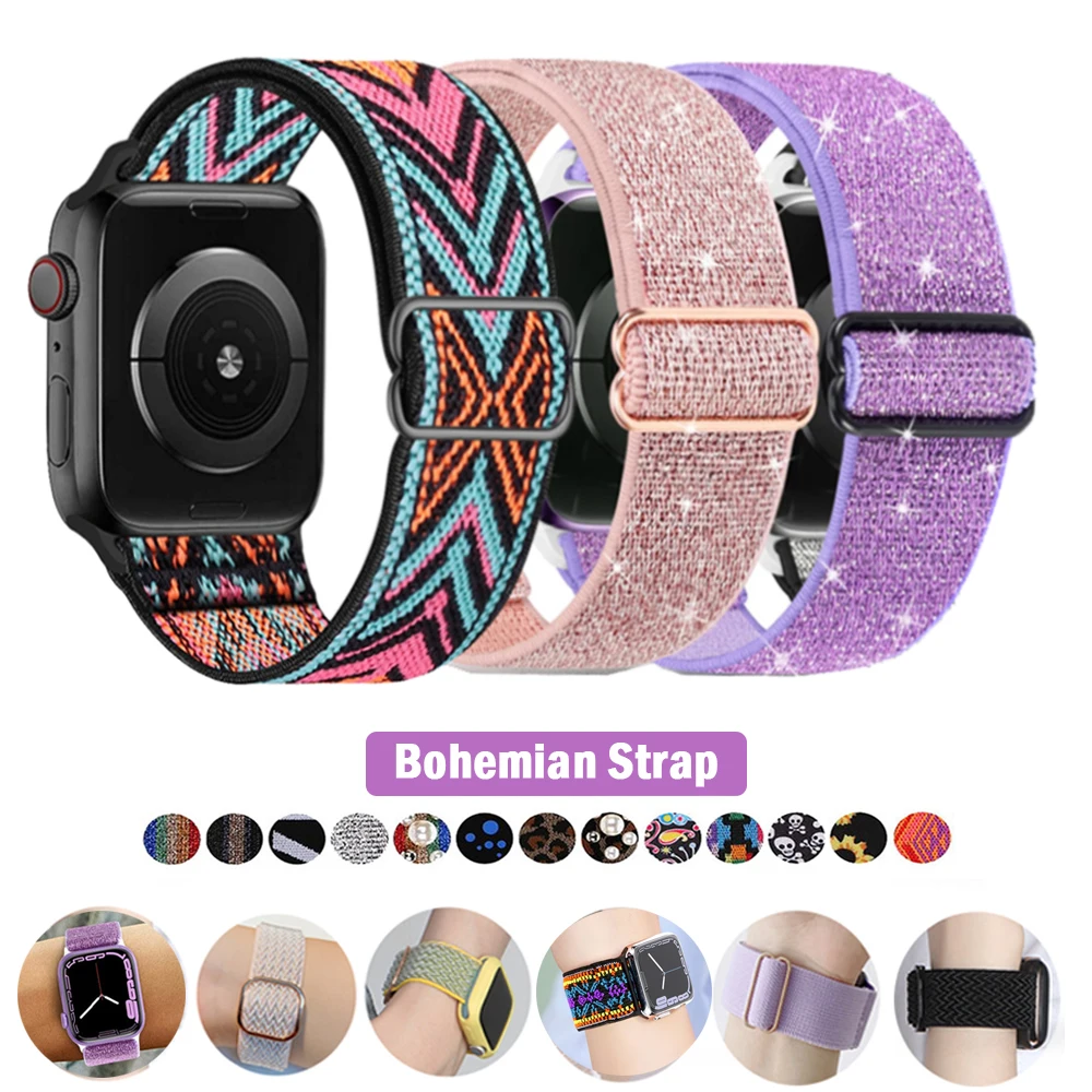 Correa de nailon bohemia para Apple Watch Ultra Series 8/7 de 49 mm, 41 mm, 45 mm y 38/42 mm, pulsera elástica brillante para iWatch 6, 5, 4, 3, SE, 40/44 mm_voghion.com