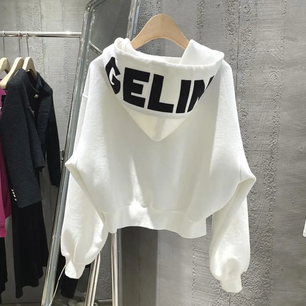 

Women Winter Coat Letter Print Long Sleeve Hooded Jacket Zip Up Drawstring Pockets Elastic Cuff Hem Lady Coat Women's Clothing