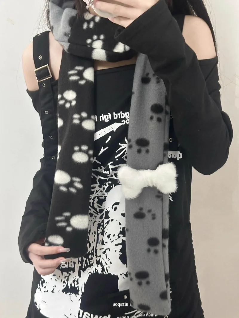 Kawaii Dog Footprints Patchwork Long Scarf for Girls with Bone Pin Fluffy Contrast Color Coral Velvet Women Scarf Japanese Style