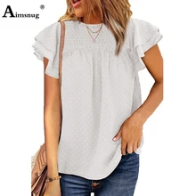 

Aimsnug Female Shirt Blusas Plus Size Women Fashion Dots Blouse 2022 Summer New Butterfly Sleeve Tops Casual Loose Pullovers