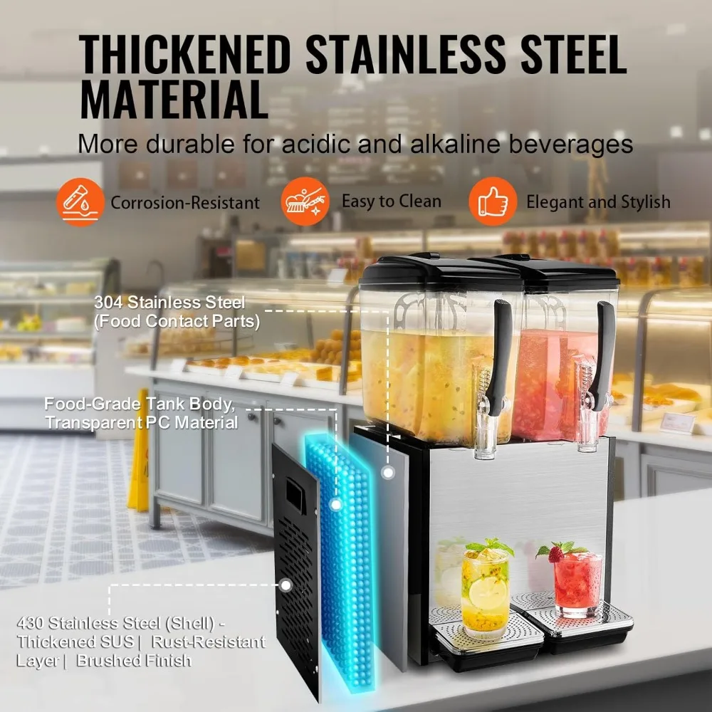 commercial beverage dispenser, 2 tanks 12 l / 12.7 qt per tank juice dispenser, 286w stainless steel ice tea drink machine with