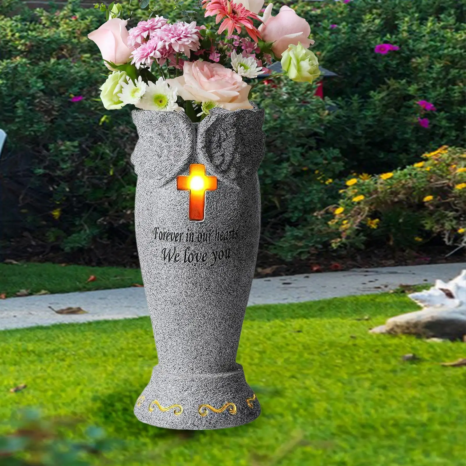 Cemetery Grave Flower Vase Cross Solar Light Cemetery Vase with Spike Grave Marker Decoration Solar Cemetery Grave Vase with LED 3