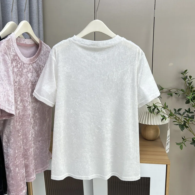 100kg Summer New Tees Fashion Velour Short Sleeve Plus Size Women's T-Shirt Temperament Thin Base Top 625