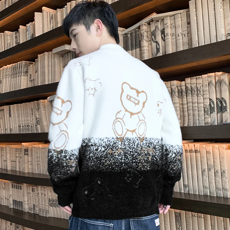 2023 New Men's Pullover Half High Neck Patchwork Printed Loose Imitation Mink Wool Fashion Sweater Knitted Long Sleeved Tops