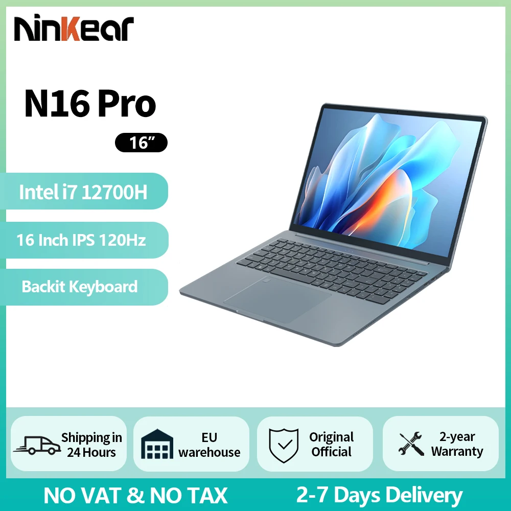 Ordinateur portable Ninkear N16PRO 16 Go DDR4 + 1 To SSD Intel i7-12700H 16'' 2.5K IPS 120Hz Ordinateur de jeu Déverrouillage par empreinte digitale Ordinateur portable WiFi 6