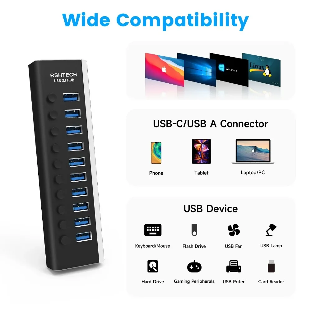 Hub USB Alimenté, RSHTECH Hub USB 3.2/USB C à 7 Ports avec 10Gbps USB-A