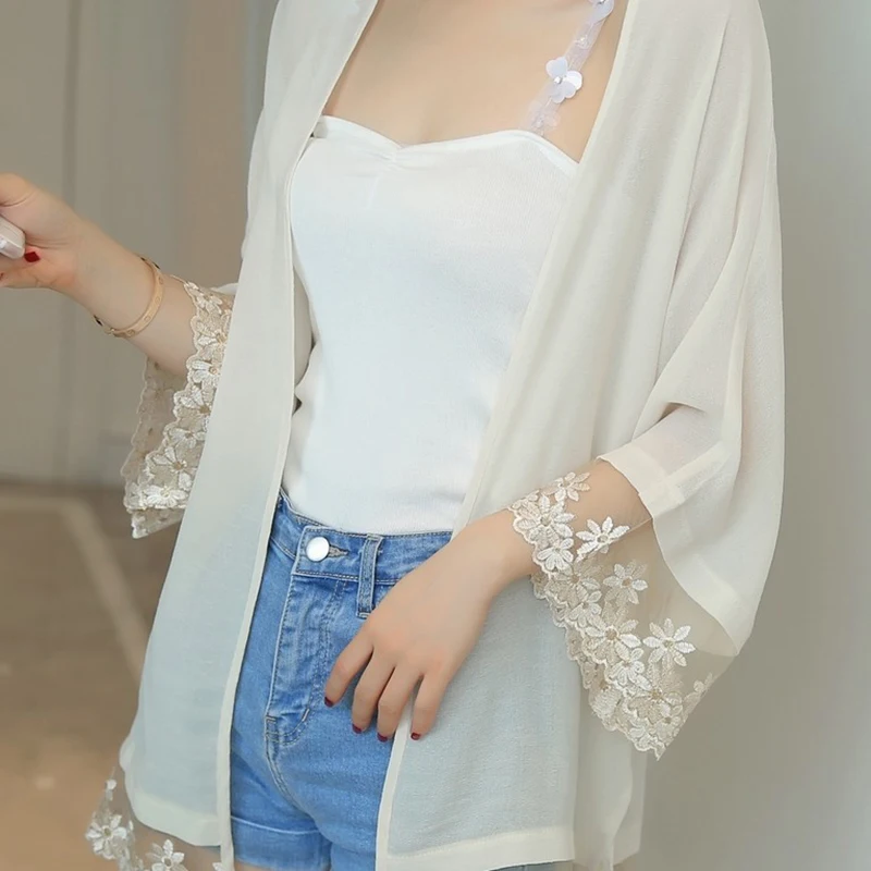 bathing suit wrap Geskeey Summer Women Beach Bikini Long Cardigan Chiffon Jackets Embroidery Sunscreen Coat Chaqueta Mujer Elegant Female bikini and cover up set