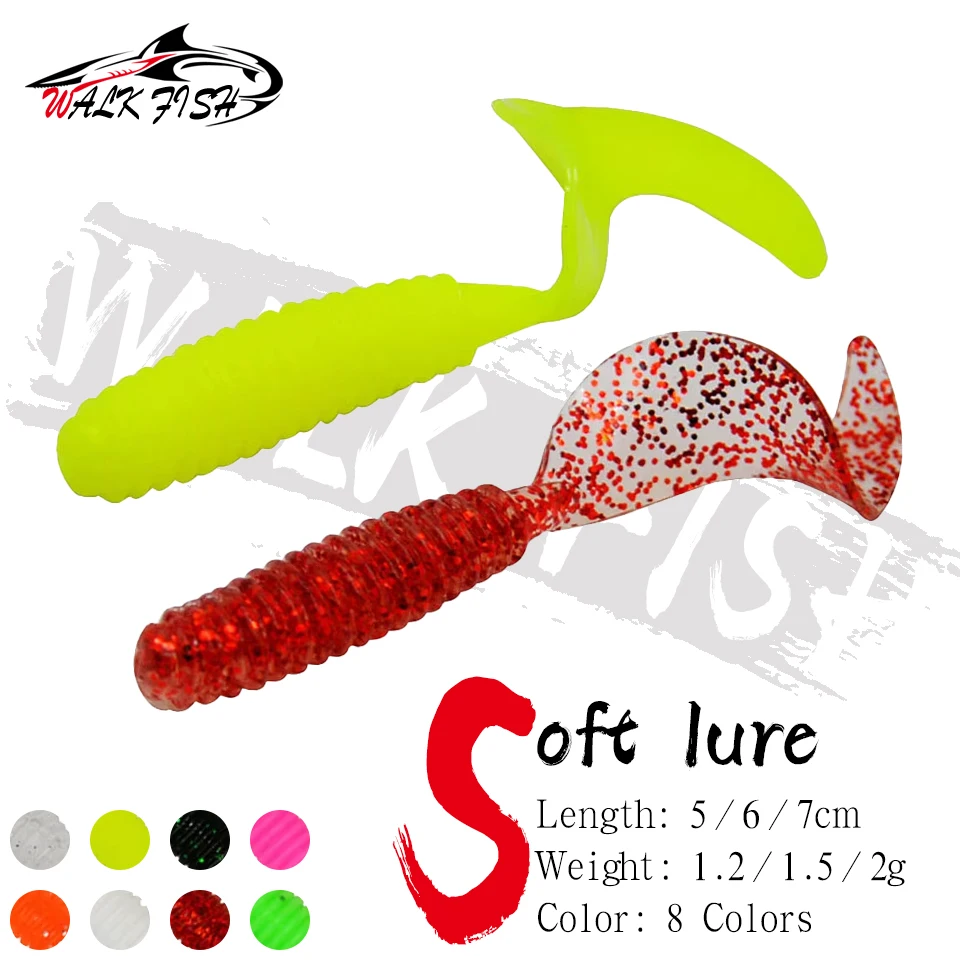WALK FISH 1,2-2g 5-7cm Weiche Angelköder mit Langem Schwanz Rolltail-Madenschwanz Sichelköder mit Salzduft für Karpfen, Barsch, Weicher Wurm für Süßwasser-Forellen