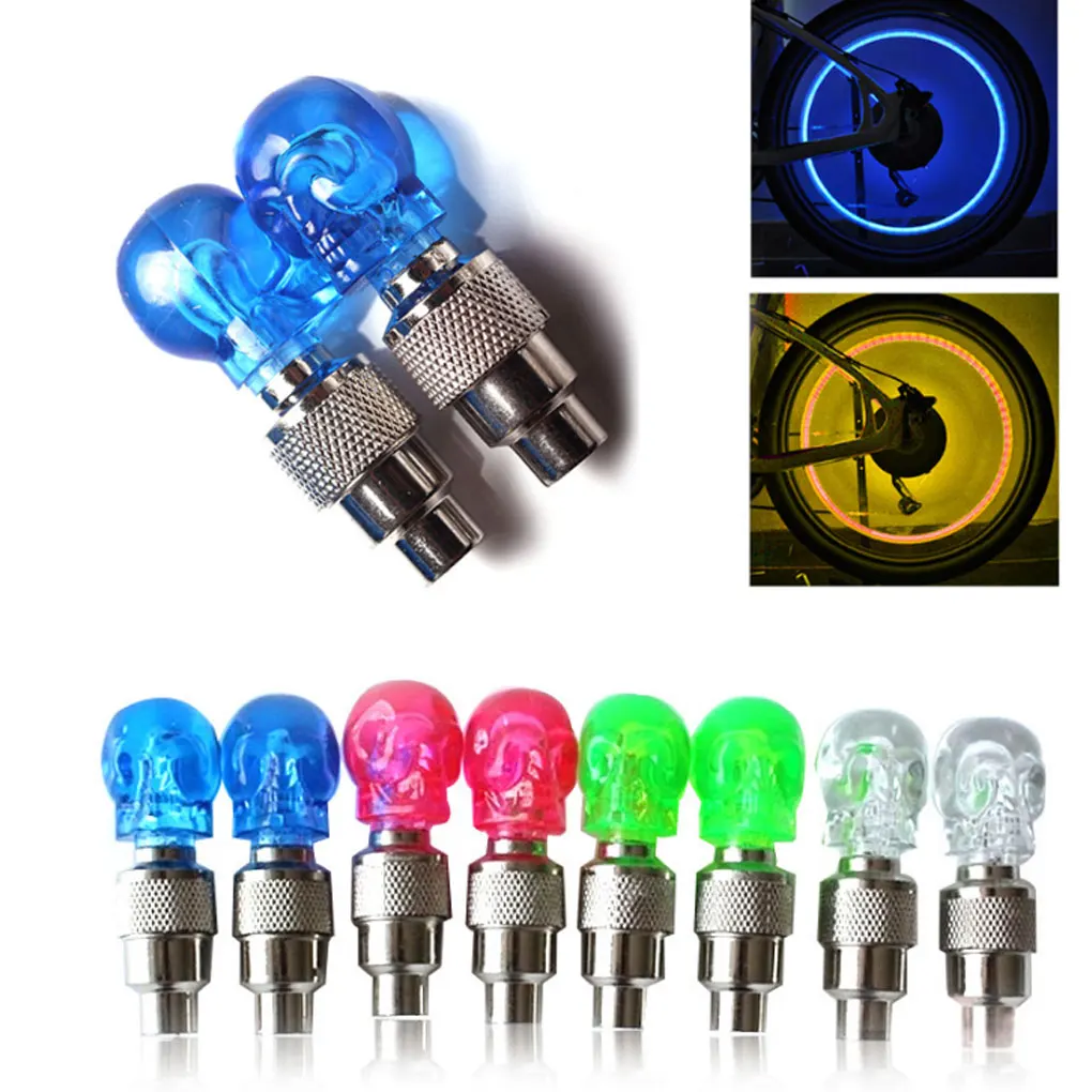 

2pcs/Lot Multifuction Skull Shape Bike Tire Valve Cap Light Bicycle Car Wheel Neon LED Lamp Bulb Night Haze Weather Safe Riding