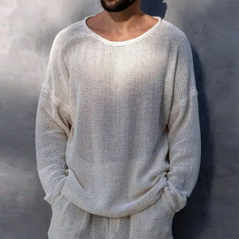 

Футболка мужская прозрачная сетчатая, пикантная Повседневная рубашка с круглым вырезом и длинным рукавом, ажурный топ, винтажная дышащая однотонная майка