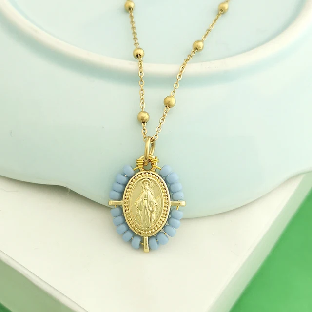 98508-d22b70.jpg Collier ras du cou pour femme avec pendentif Vierge Marie, chaîne en acier inoxydable couleur or, perles de rocaille, style bohème blanc, noir, rose