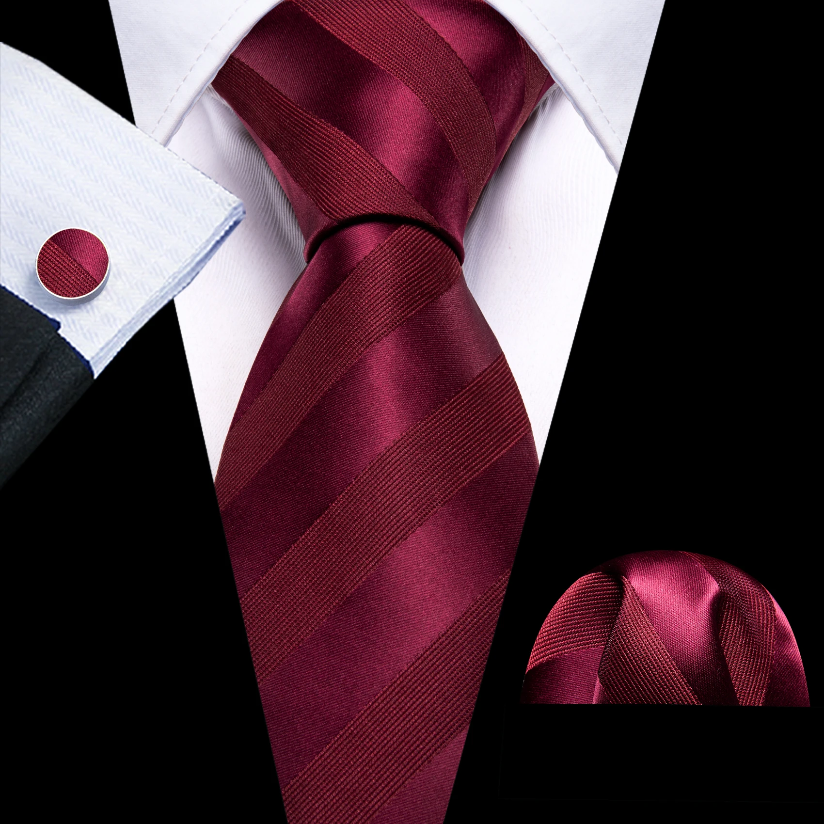 

New Dark Red Stripe Tie Silk Pocket Square Cufflinks Set Hot Selling Woven Necktie Wedding Business Birthday Designer Barry.Wang