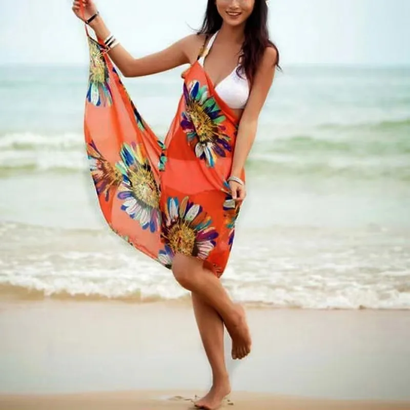 Printed Cover-ups Sexy Beach Dress Women Halter Sling Chiffon Beach Towel Bikini Wrap Pareo Skirts Open-Back Swimwear 1