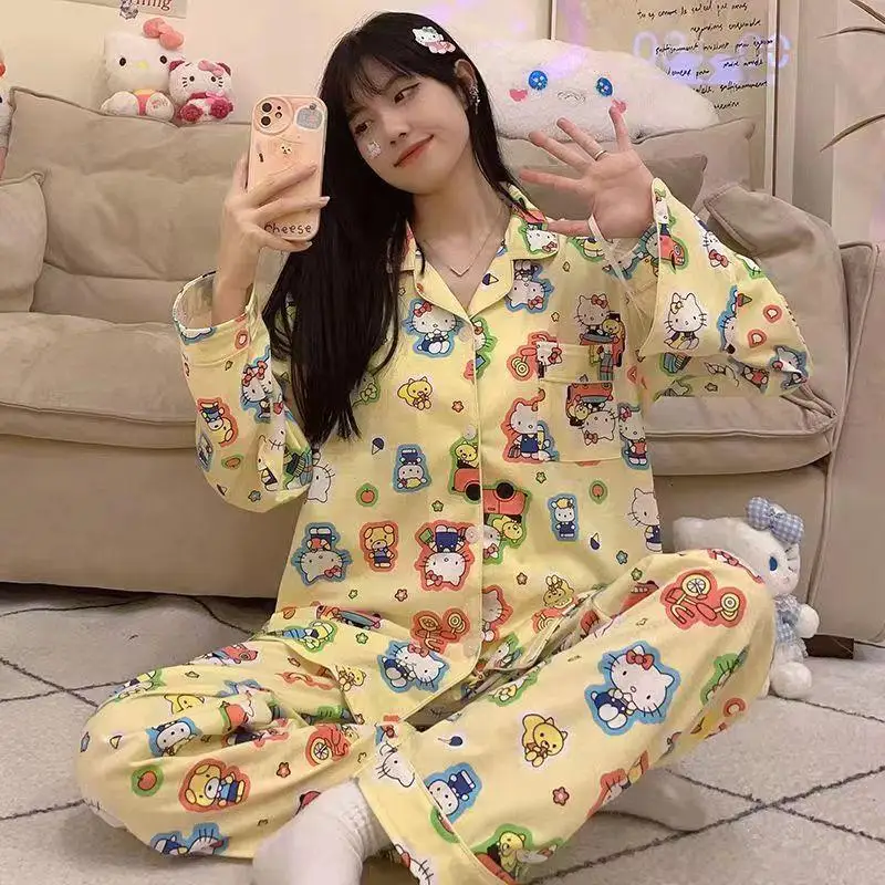 

Здравствуйте, фото, 2 шт., аниме Sanrio Kuromi, кардиган с длинными рукавами, брюки, домашняя одежда, Весенняя свободная повседневная одежда для девочек