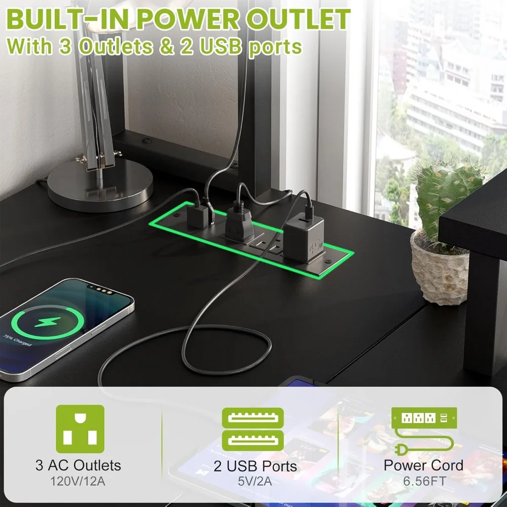 48" L-Shaped Gaming Desk with LED Lights, Power Outlets & Storage - Reversible Corner Desk for Home Office
