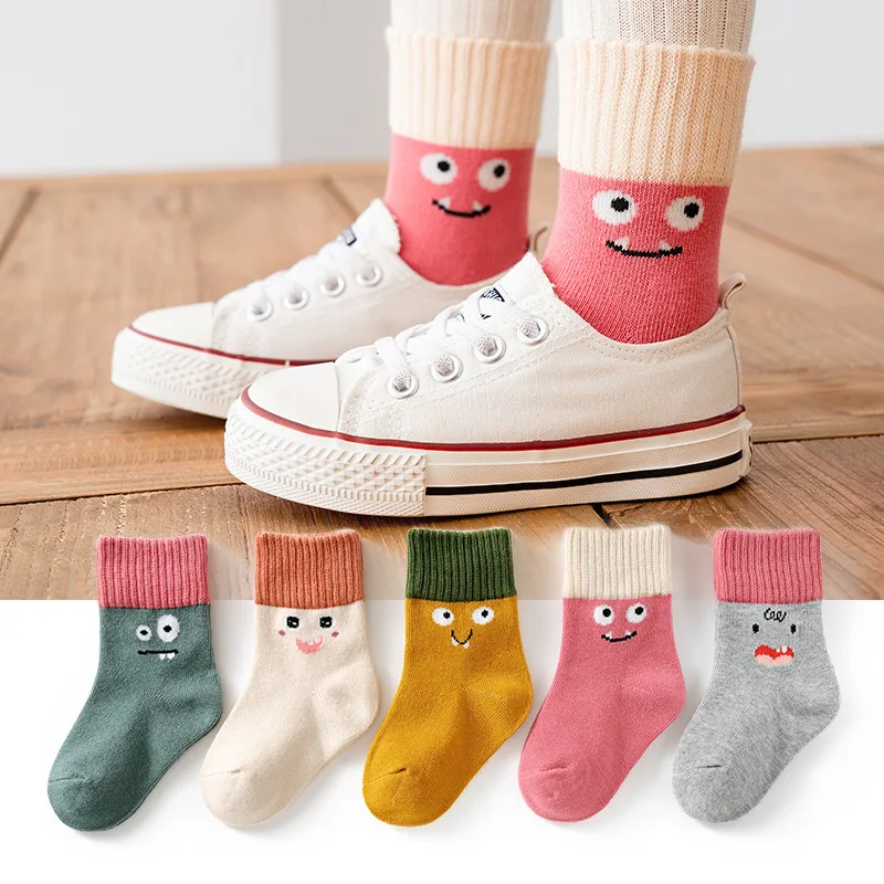 Children Boys Girls Cotton Socks Cartoon Multi Color Autumn Winter Spring Mid Socks Baby Floor Sock 1-12 Years 5 Pairs/Lot
