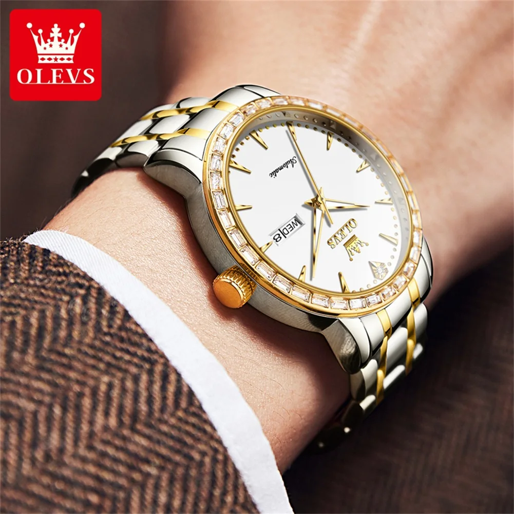 OLEVS 7019 Automatic Man Watch Luxury Diamond Mechanical Watch For Men Dual Calendar Stainless Steel Strap Male Wristwatch