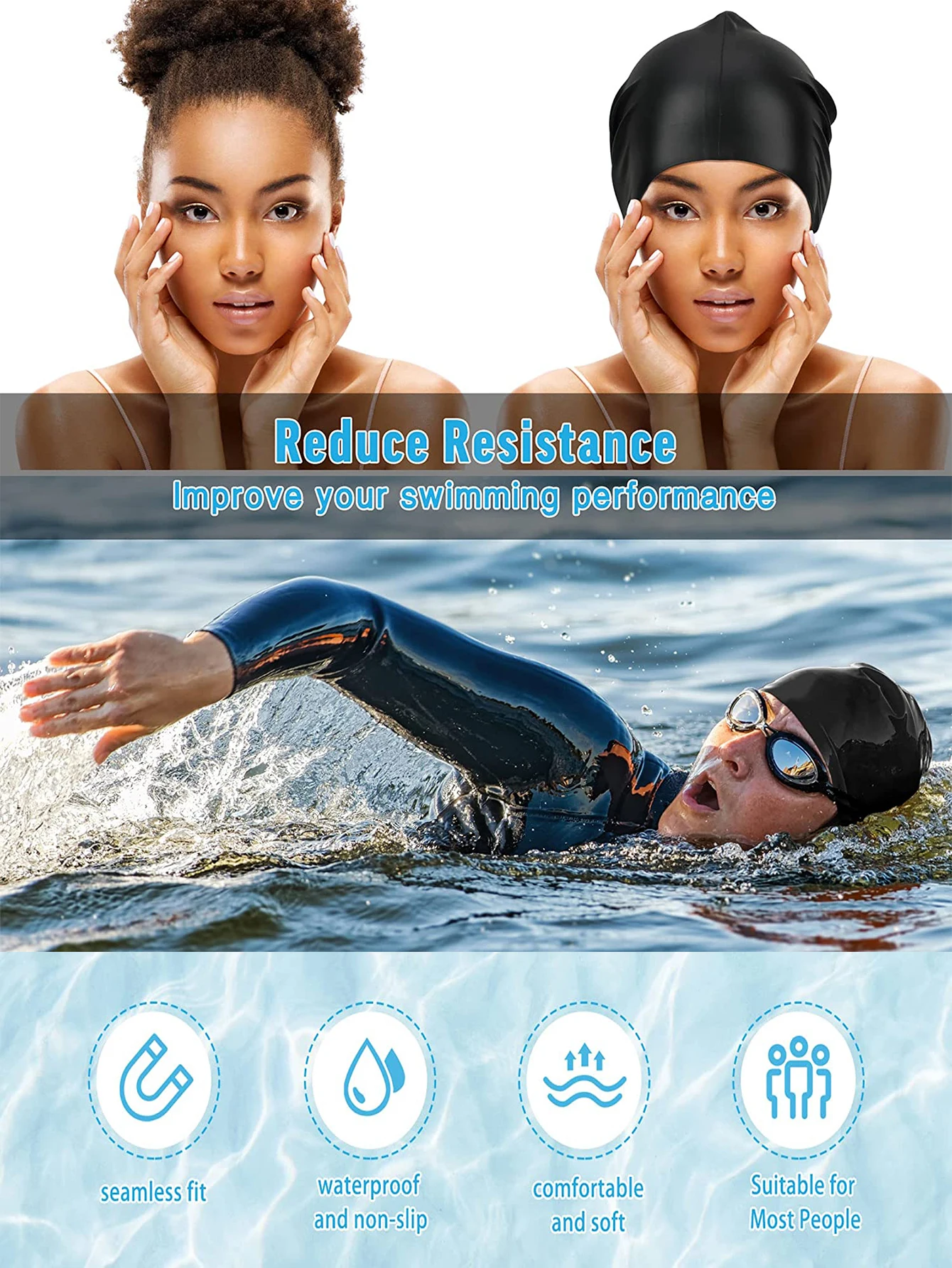 1pcs Long Hair Oversized Swimming Cap, Waterproof Silicone Swimming Cap Suitable for Women, Men, Braids, Braids, Afros 3