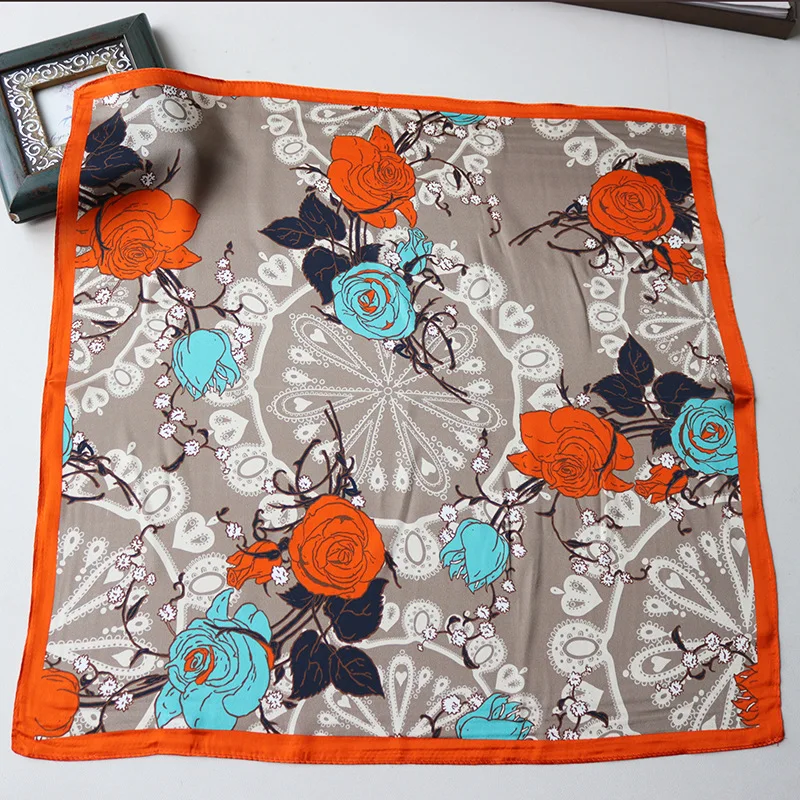 

High-end Elegant Women's Exquisite Fashion Rose Printed OL Style Quality Plain Satin Silk Versatile Small Square Scarf