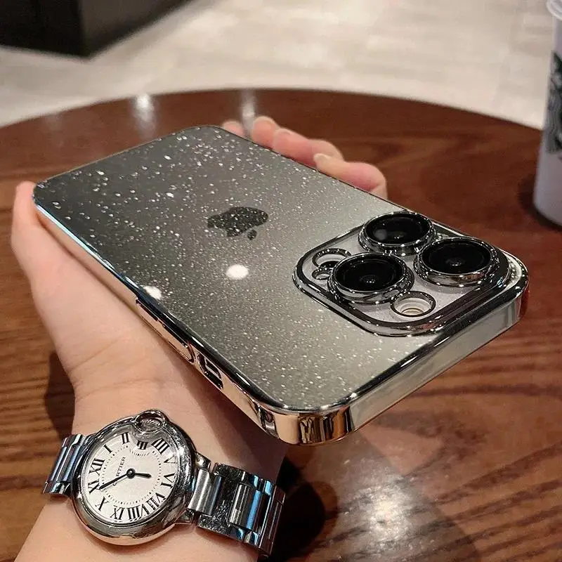 Luxury Transparent Glitter Phone Case with Electroplated Bumper and Shockproof Clear Back Cover