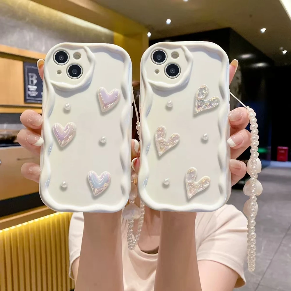 Chic 3D Sweet Heart Wave Phone Case with Chain