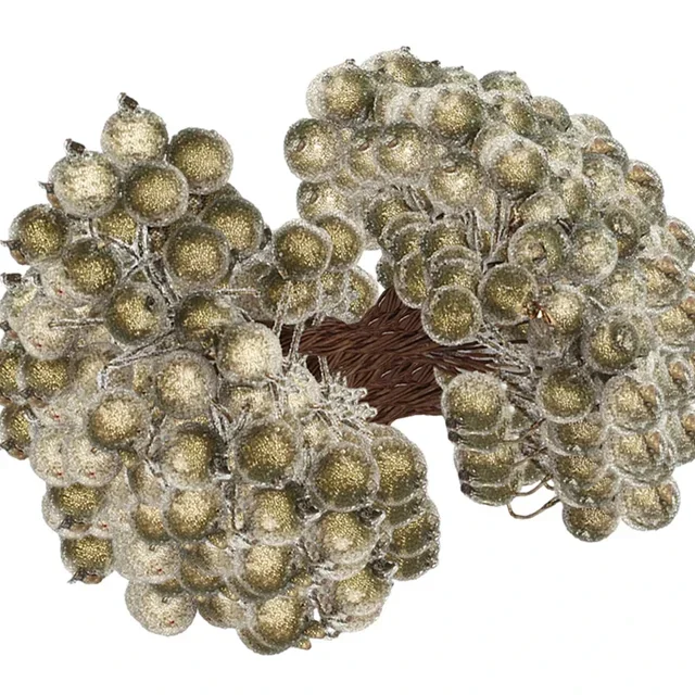 thumbnail image 1 of Venta al por mayor de mini bayas artificiales escarchadas de doble cabeza, acebo navideño, bayas rojas, doradas y plateadas, corona de flores, decoración para fiesta de Navidad, 1 of 5