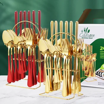 24 pezzi Set di posate in oro stoviglie da cucina coltello in acciaio inossidabile forchette cucchiai posate posate per la casa Set di stoviglie 1