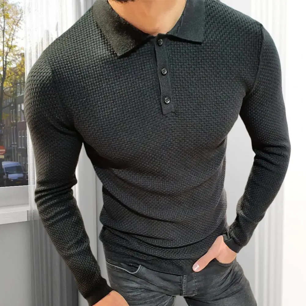

Button Decorated Men Knitted Top Knitted Lapel Top Men's Autumn Winter Knit Tops Lapel Buttons Solid Color Long for Stylish