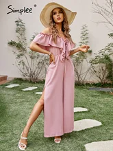 

Simplee Sexy spaghetti straps cut out ruffle lace up jumpsuit summer women Hollow out off shoulder jumpsuits Split pink overall