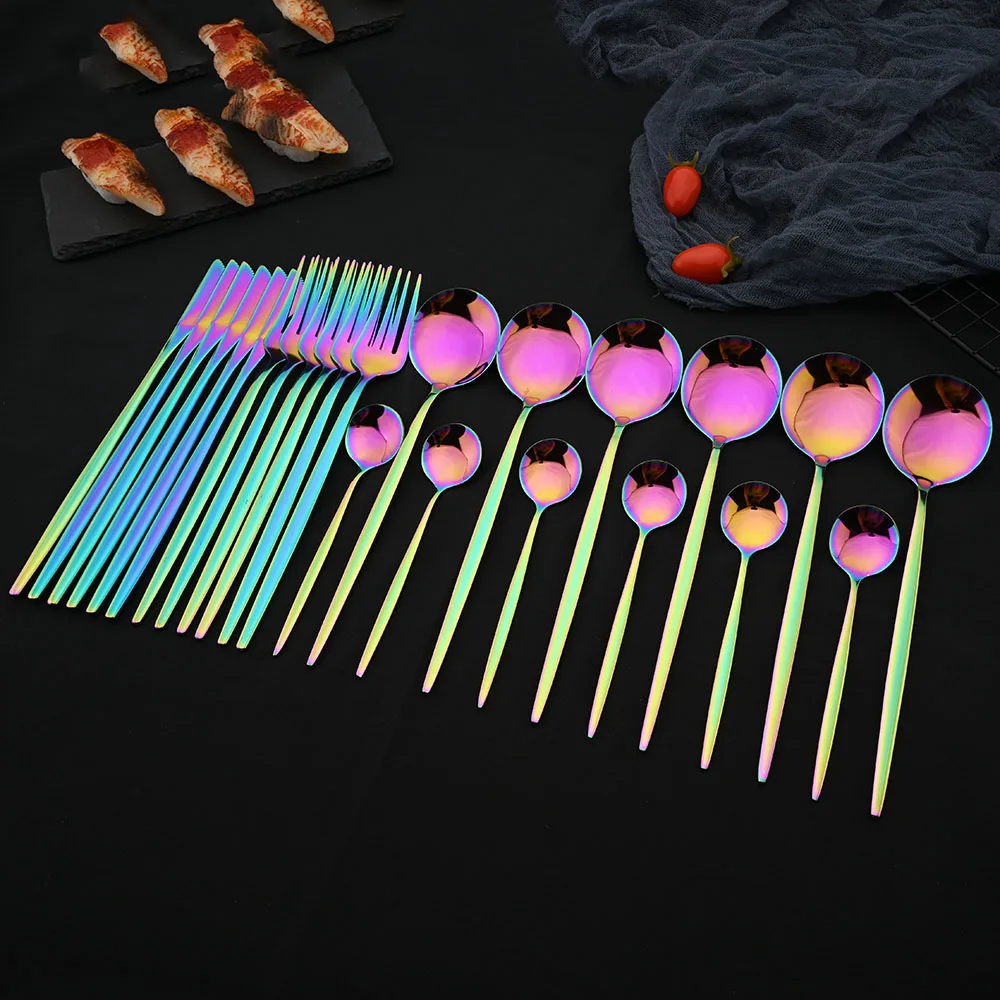 

24PCS Tableware Rainbow Mirror Cutlery Set Stainless Steel Flatware Dinner Knife Fork Spoon Party Home Restaurant Dinnerware Set