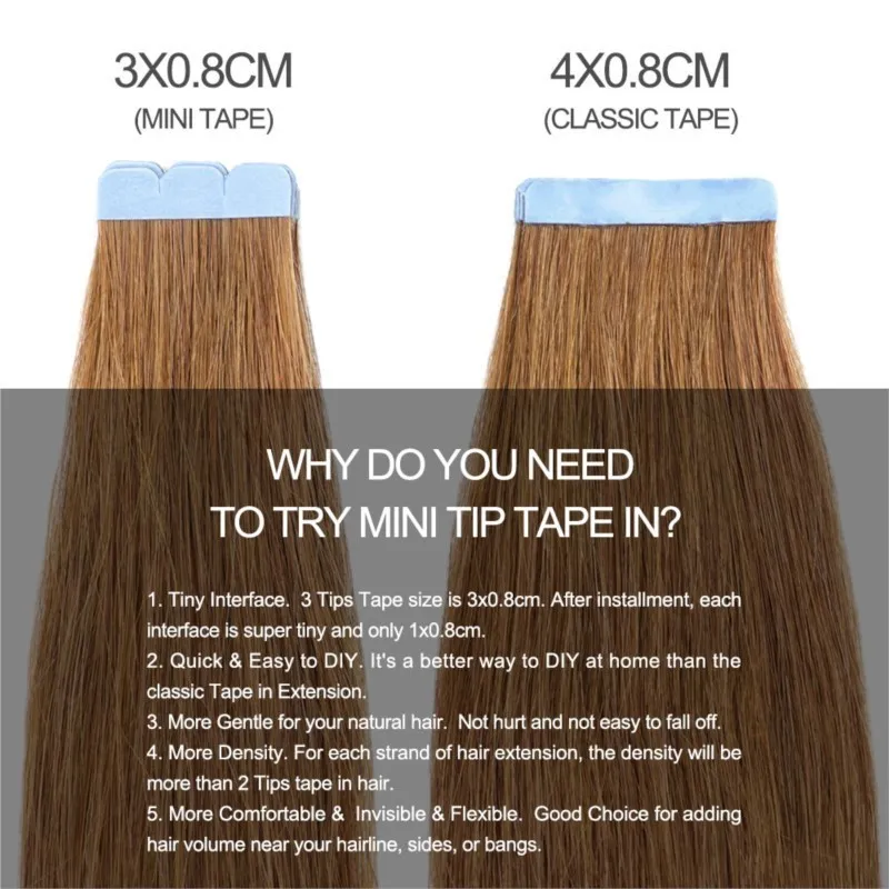 Mini Tape in Hair Extensions Human Hair Natural Extentions Blonde 3x0.8cm Tape Weft Ins 10pcs/pack Add Volume