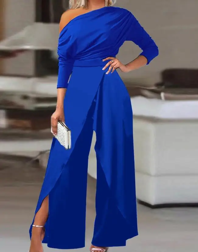Women's Summer Wear Pleated Cold Shoulder Single Shoulder Solid Color Fashionable Casual Split Leg Wide Leg Jumpsuit