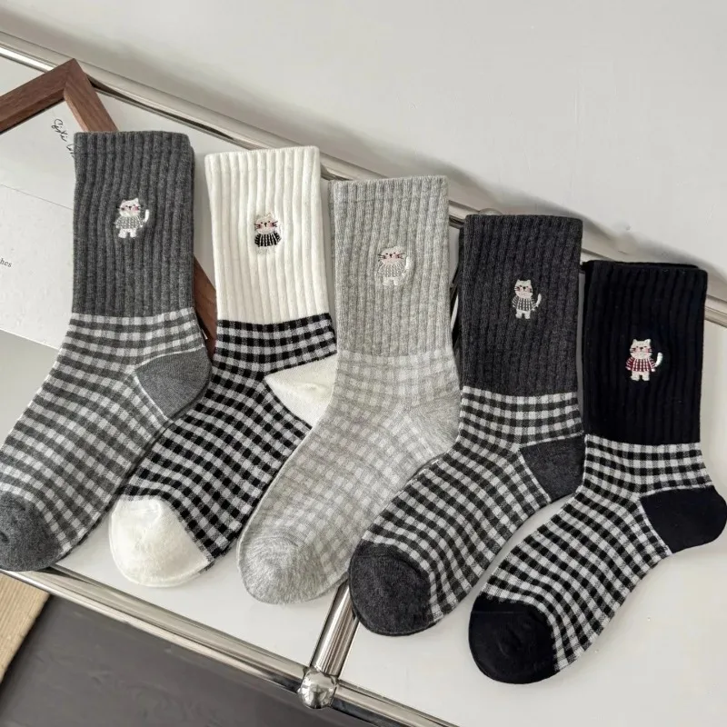 Soft Cotton Plaid Socks for Women Gray Black White