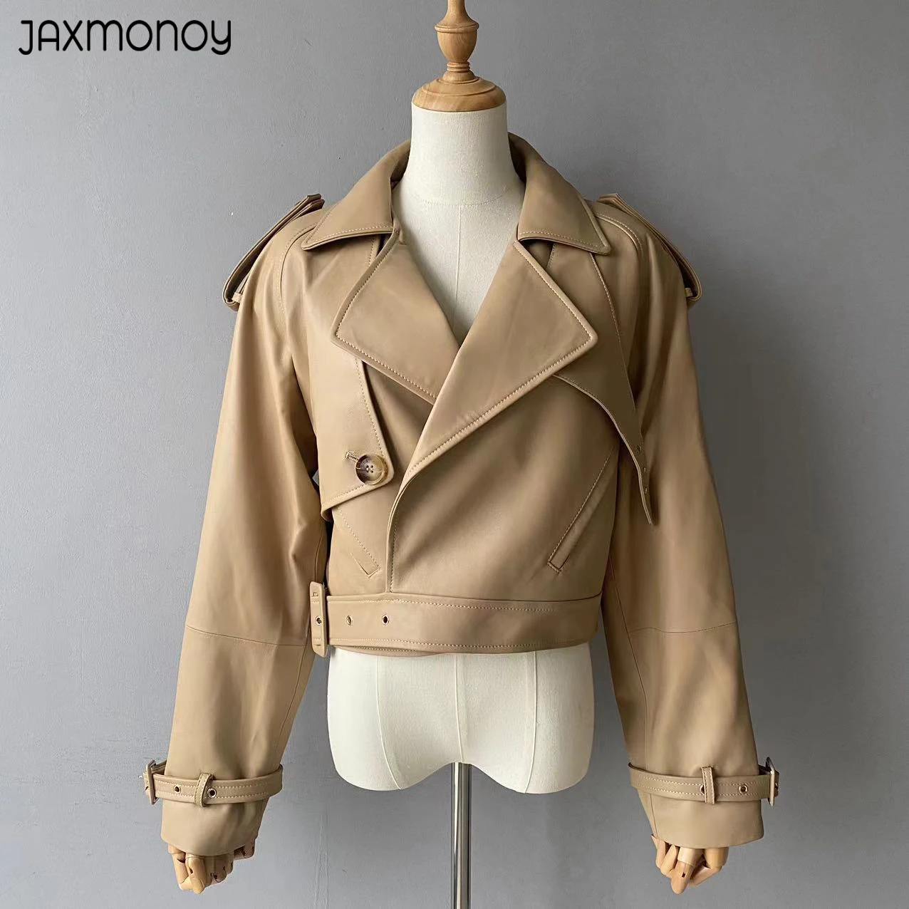 

Jaxmonoy Women's Real Leather Jacket Spring Autumn Fashion Short Style Genuine Sheepskin Coat Ladies Moto Biker Jacket New Style