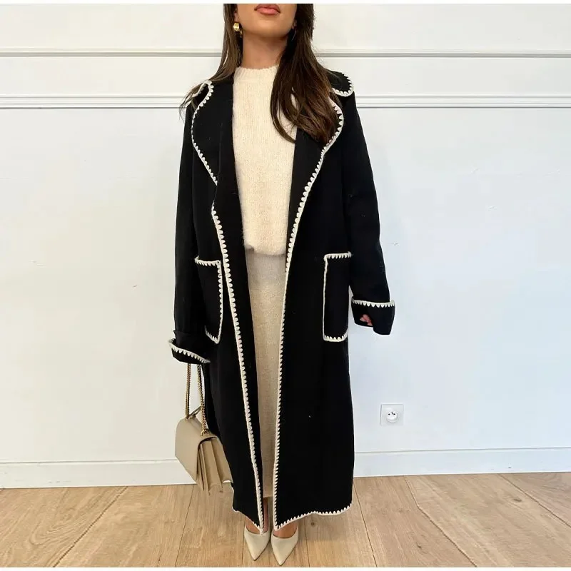 

Long Trench Coat For Women Gray Wool Blends Belted Open Stitch Overcoat Fashion Streetwear 2023 autumn winter lady elegant