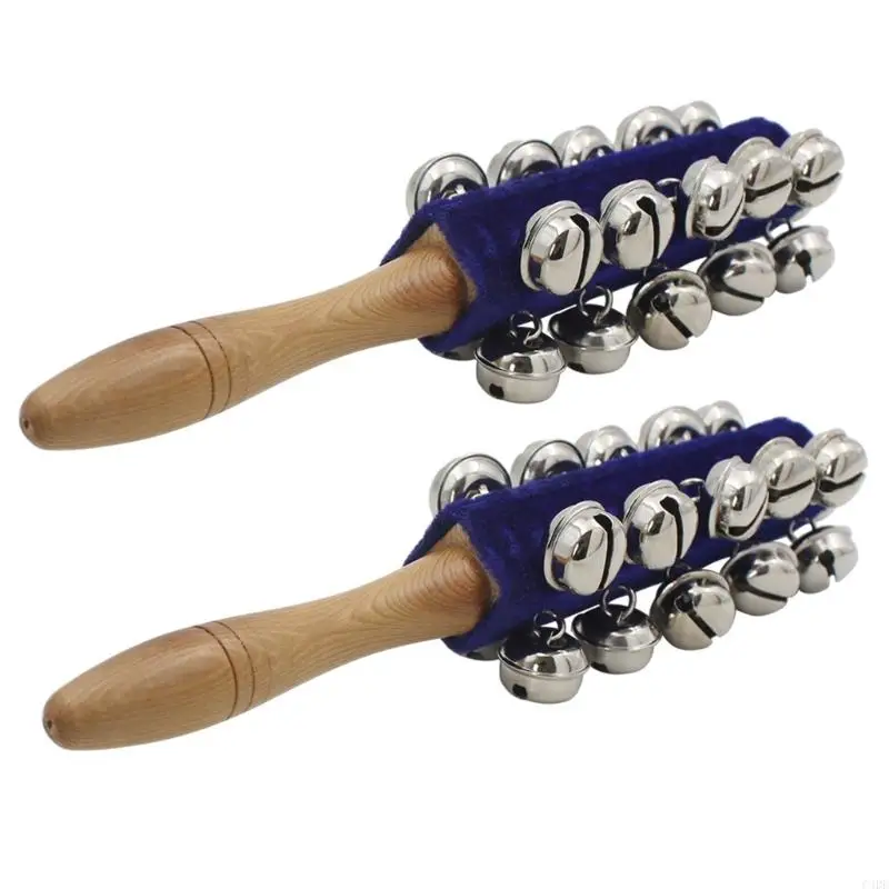 C4DE 2Pcs Christmas Hand Bells Musical Percussion Hand Sleigh Bells Wood Handle Stick Shaker 21 Percussion Instrument