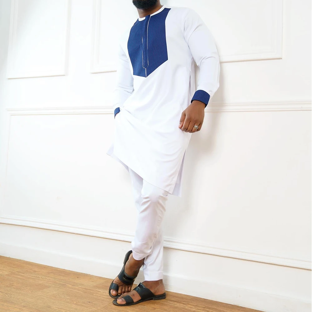 National Style Men\'s Wedding Suit Summer And Autumn Casual Man Round Neck Top Elastic Waist Pants 2 Piece Set Tees Trousers