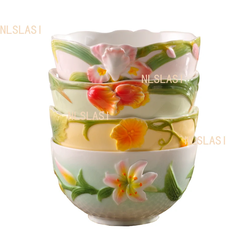 1pcs Enamel Porcelain Bowl Household Ceramic Salad Bowl Underglaze Colored Japanese Tableware Flower Shaped Fruit Bowl