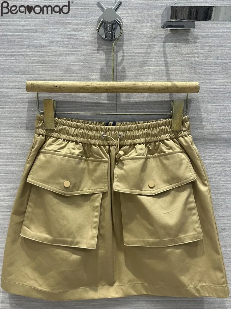 

Fashion Runway Summer Ivory White Mini Pencil Skirt Women's Solid Color Elastic Waist Slim Button Pocket Short Skirt