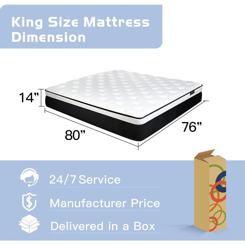 14 Inch KIng Size Mattress with Individually Pocket Springs,Euro Top Medium Firm Hybrid Mattress in a Box,Strong Edge Support,C