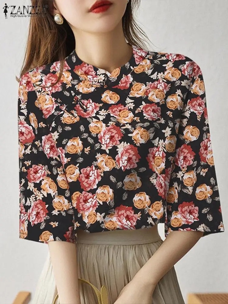 

ZANZEA Woman Fashion Printing Blouse Summer Half Sleeve Stand Collar Tunic Tops Casual Buttons Shirt Bohemian Holiday Chemise