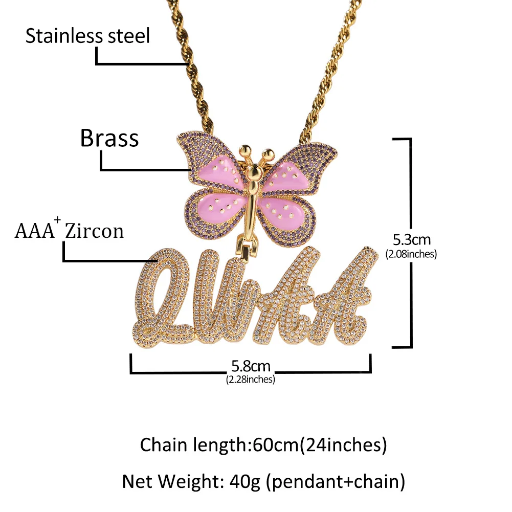 Personality Personal Tailor Hip-Hop Letter Pendant INS Wind Dripping Butterfly Buckle Double Grass Fashion Diamond Necklace